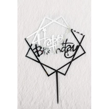 Зеркальный топпер Happy Birthday квадратный со звездами серебро