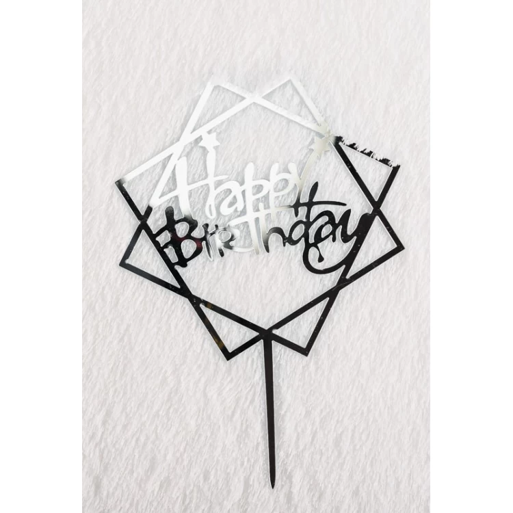 Зеркальный топпер Happy Birthday квадратный со звездами серебро