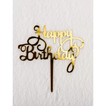 Зеркальный топпер Happy Birthday с завитками золото