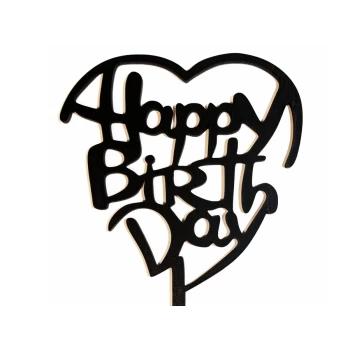 Топпер деревянный черный Happy birthday сердце 1 шт