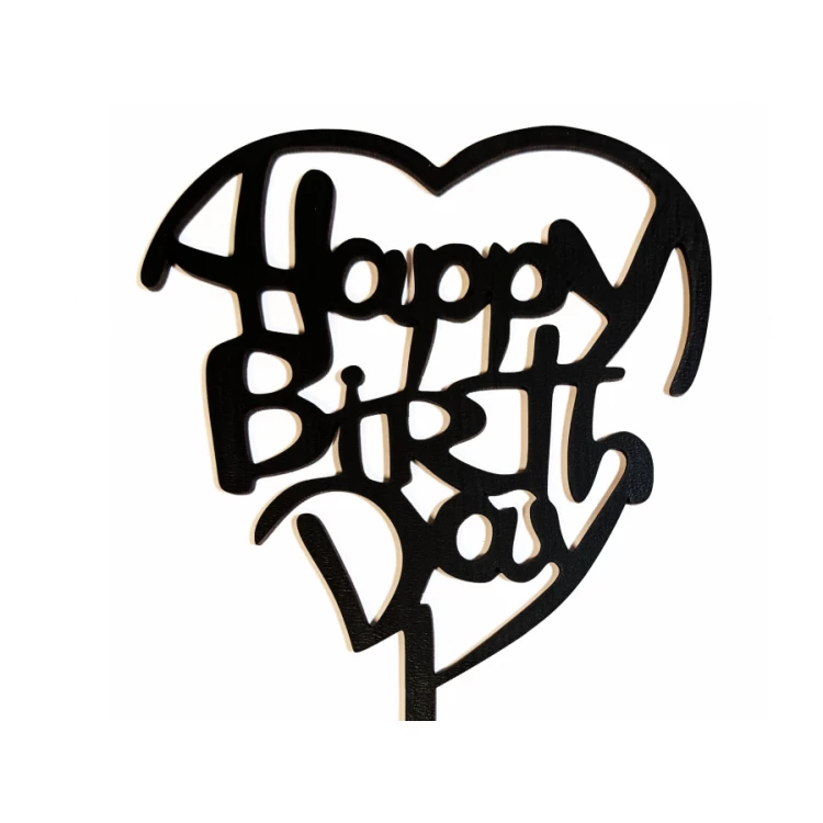 Топпер деревянный черный Happy birthday сердце 1 шт