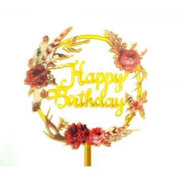 Зеркальный топпер Happy Birthday круглый с розами золото