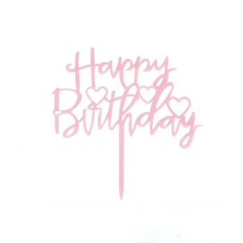 Топпер пластиковый Happy Birthday с сердцем розовый