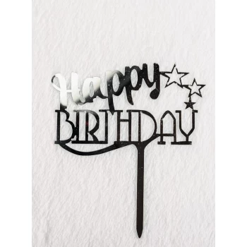 Дзеркальний топпер Happy Birthday три зірки срібло