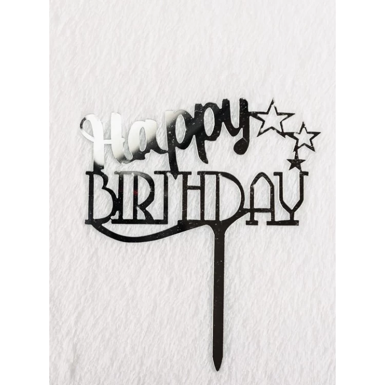 Зеркальный топпер Happy Birthday три звезды серебро