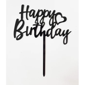 Топпер пластиковый Happy Birthday чёрный с 1 сердцем