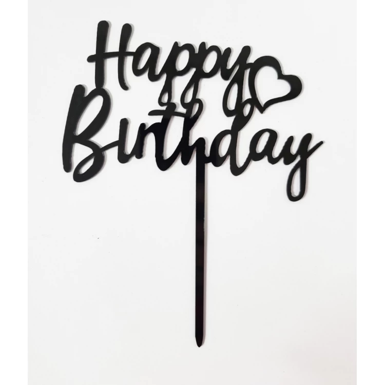 Топпер пластиковый Happy Birthday чёрный с 1 сердцем