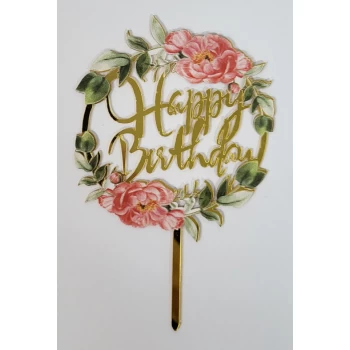 Зеркальный топпер золото "Happy Birthday" Розовые Пионы 1 шт.