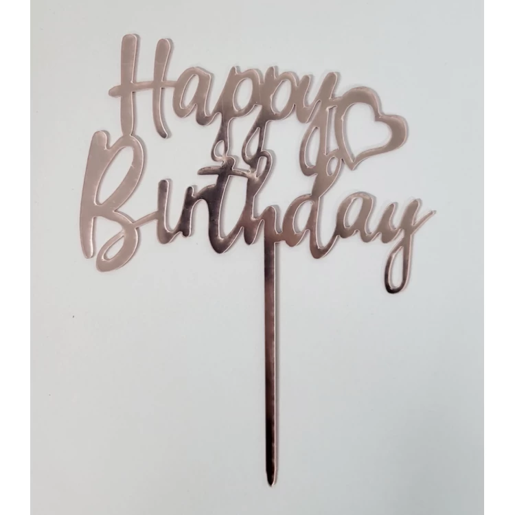 Зеркальный топпер розовое золото "Happy Birthday с сердцем"