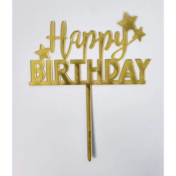Зеркальный золотой Топпер Happy Birthday со звездами