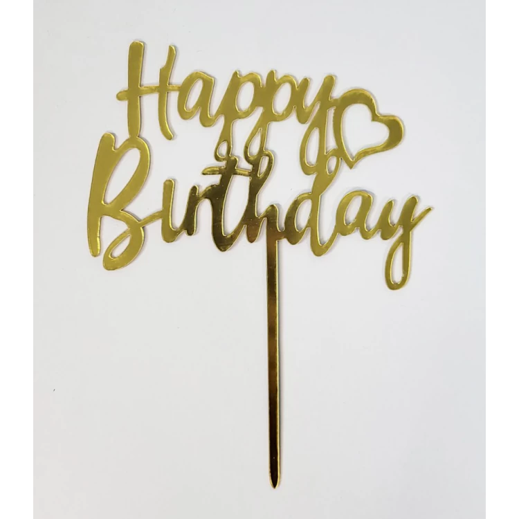 Зеркальный золотой Топпер  "Happy Birthday с сердцем"