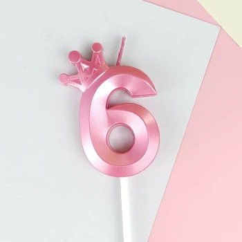 Свеча для торта цифра "6" с короной РОЗОВАЯ