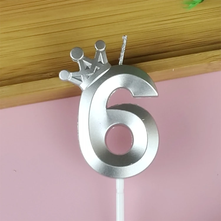 Свеча для торта цифра "6" с короной СЕРЕБРО