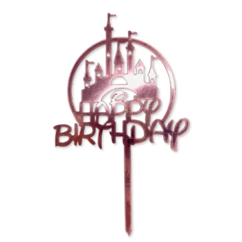 Топпер зеркальный пластиковый РОЗОВЫЙ с замком Happy birthday