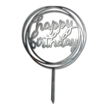 Топпер пластиковый Happy Birthday круглый серебро №2