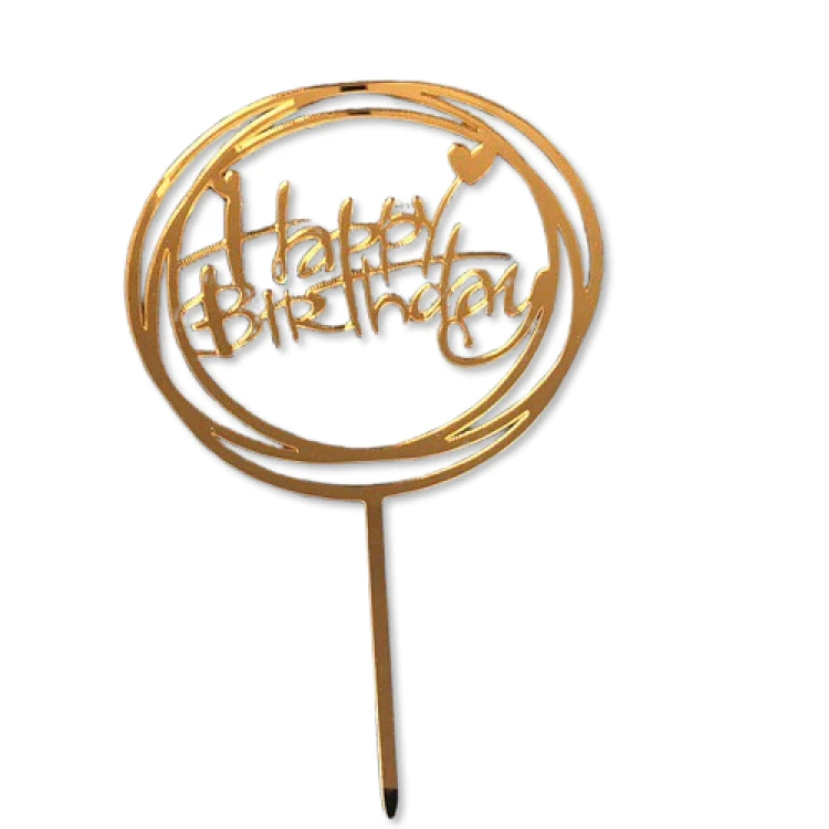 Топпер зеркальный Happy Birthday круглый с сердцем ЗОЛОТО