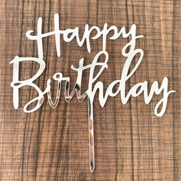 Топпер зеркальный Happy Birthday на ножке СЕРЕБРО