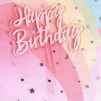Топпер пластиковий Happy Birthday на ніжці ПРОЗОРНИЙ (рожевий напис)