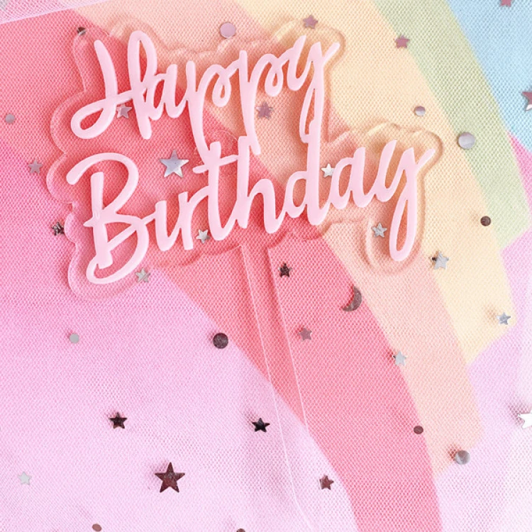 Топпер пластиковый Happy Birthday на ножке ПРОЗРАЧНЫЙ (розовая надпись)