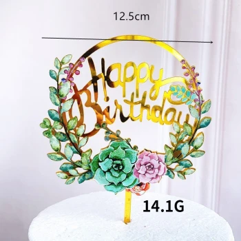Дзеркальний топер золото "Happy Birthday" Зелено-фіолетові квіти