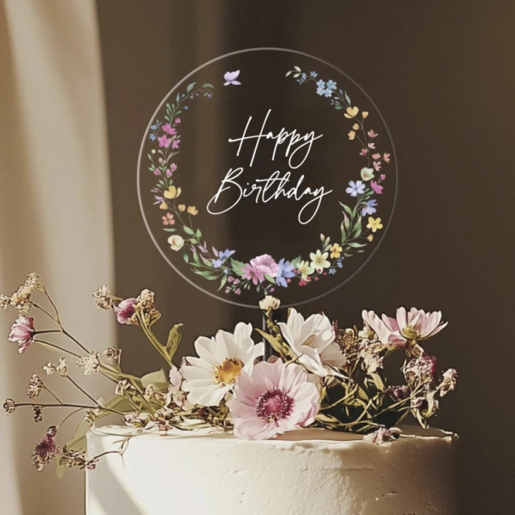 Топпер прозрачный круглый Happy Birthday с цветами