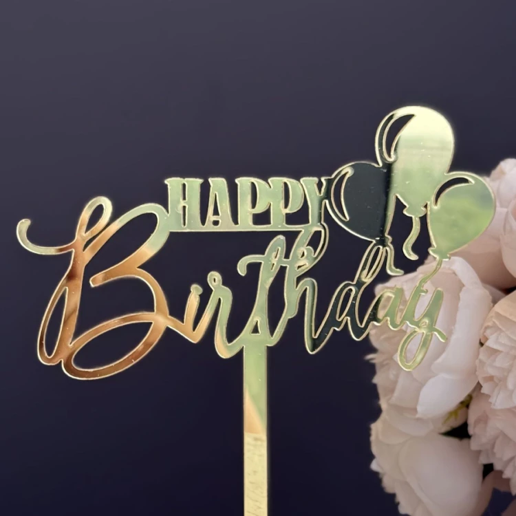Зеркальный топпер на ножке Happy Birthday с шариками золото