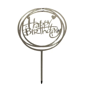 Топпер зеркальный Happy Birthday круглый с сердцем СЕРЕБРО