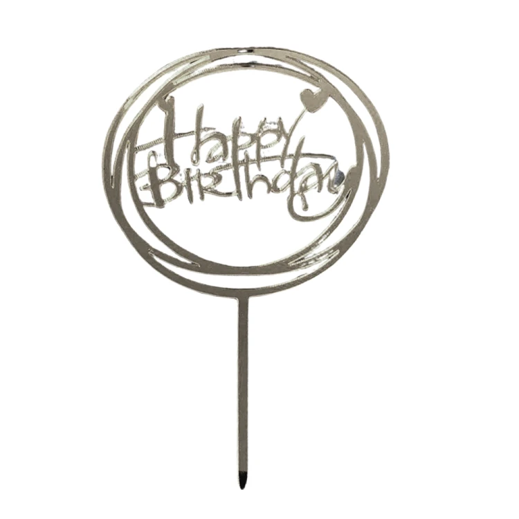 Топпер зеркальный Happy Birthday круглый с сердцем СЕРЕБРО