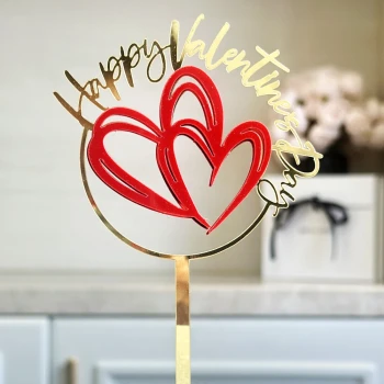 Зеркальный топпер  Happy Valentine's Day на ножке два красные сердца