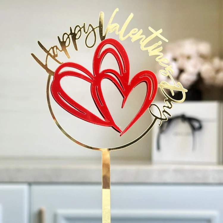 Зеркальный топпер  Happy Valentine's Day на ножке два красные сердца