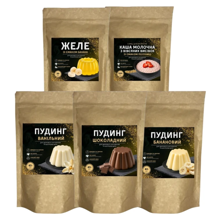 Набор смесей Желе(банан) + Пудинг (шоколад, ваниль, банан) + Каша (клубника)