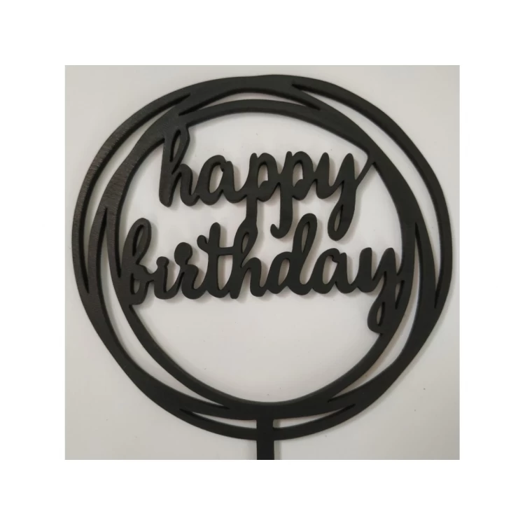 Топпер деревянный черный круглый "happy birthday" 1 шт