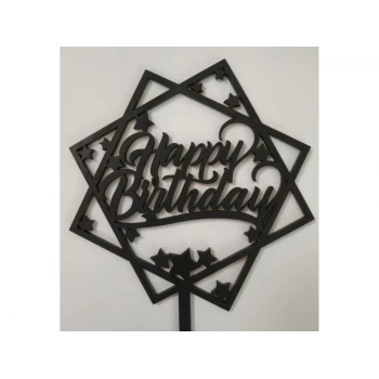 Топпер дерев'яний чорний квадратний "Happy Birthday" з зірками 1 шт.