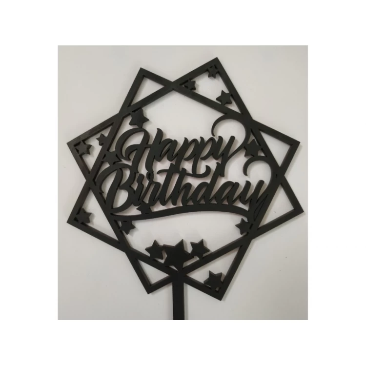 Топпер деревянный черный квадратный "Happy Birthday" со звездами 1 шт.