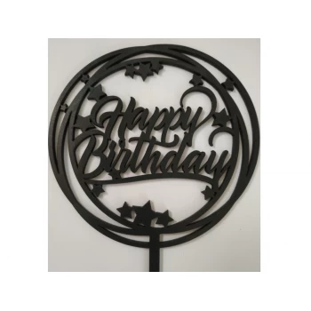 Топпер дерев'яний чорний круглий "Happy Birthday" з зірками 1 шт.
