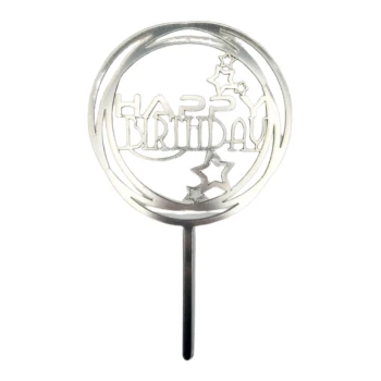 Срібний дзеркальний Топпер Happy Birthday круглий з зірками