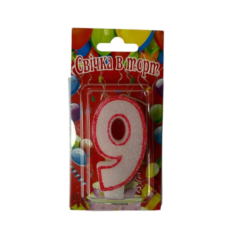 Свеча для торта цифра "9" Белая с Красным