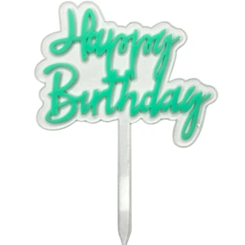Топпер пластиковый Happy Birthday на ножке ПРОЗРАЧНЫЙ (голубая надпись)