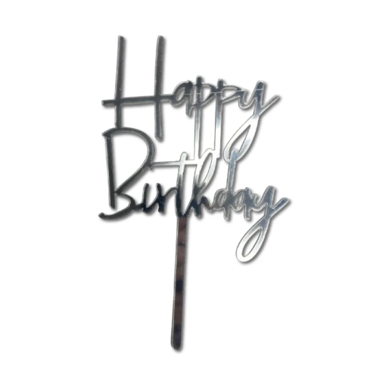 Зеркальный топпер Happy Birthday на ножке СЕРЕБРО