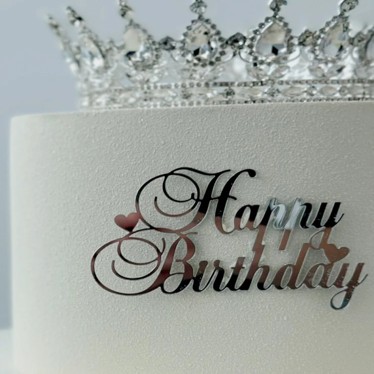 Зеркальный топпер Happy Birthday сердечки СЕРЕБРО