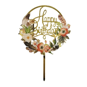 Дзеркальний топпер золото "Happy Birthday" квіти Мак з пір'ям 1 шт.