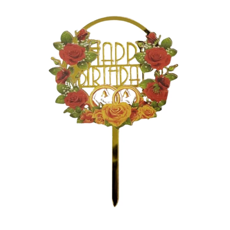 Зеркальный топпер золото "Happy Birthday" Красные Розы 1 шт.