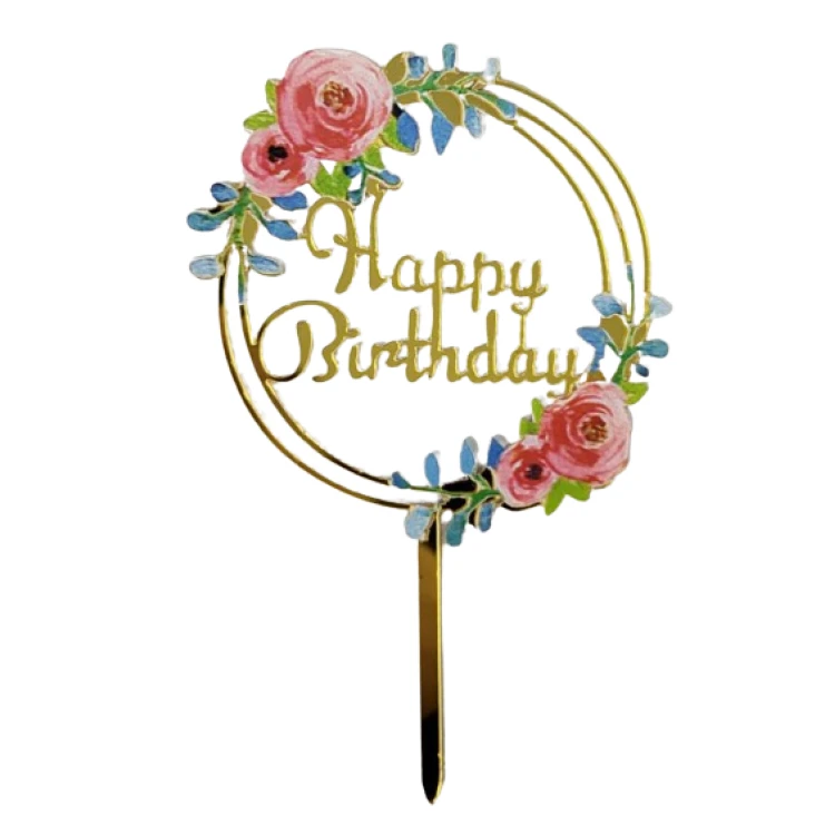 Зеркальный топпер золото "Happy Birthday" Розовые Розы 1 шт.